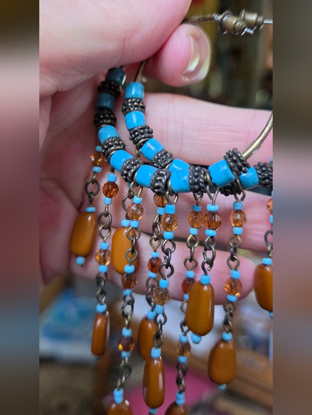 Boho Turquoise & Amber Vintage Beaded Hoop Earrings - Picture 2 of 6